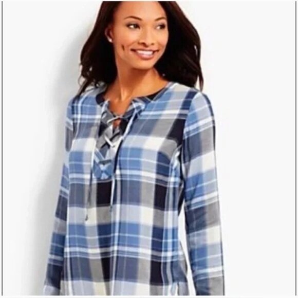 Talbots Lace Up Plaid Long Sleeve Lightweight Pleated Shirt. Small, 100% Rayon - Picture 1 of 11